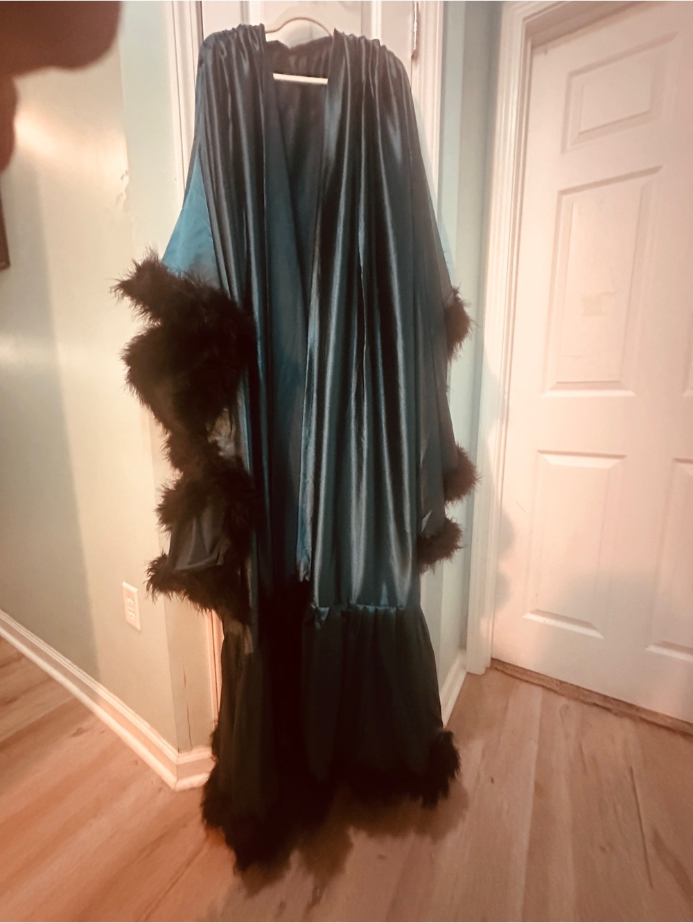 Glamorous teal satin fur lined dressing gown Old Hollywood Boudoir